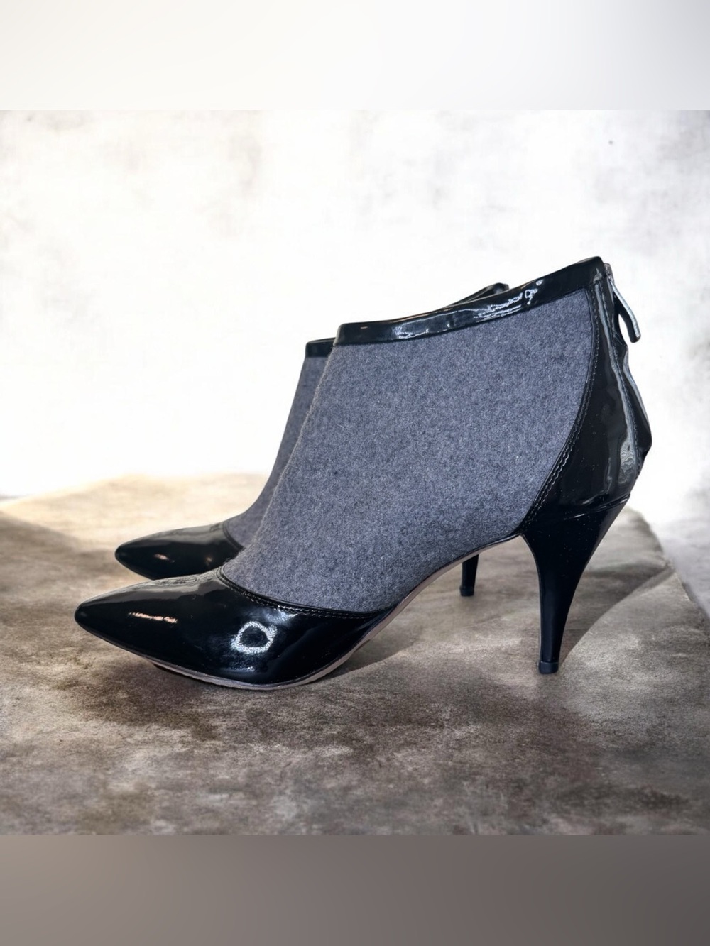 Vince Camuto Black Patent and Grey Flannel Pointed Ankle Booties